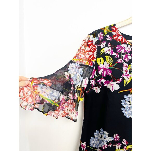 Josie Natori Women Black Multicolor Floral Silk 3/4 Sleeve Blouse Top Sz M - Picture 4 of 12
